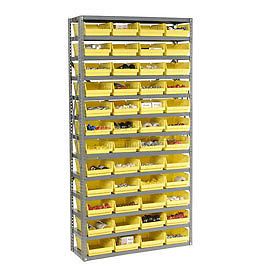 13 shelf steel shelving with (72) 4&#034;h plastic shelf bins, green, 36x18x72 for sale