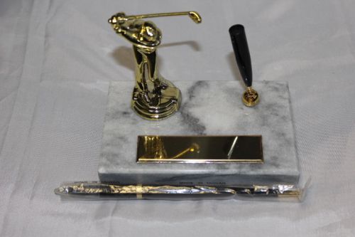 Pen Desk Set Pen Holder Golf Statue w/ Marble Base and engraving plate
