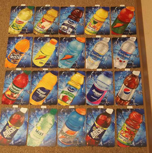 20 soda juice vending machine flavor labels, Pepsi Gatorade Dole Oceanspray etc.