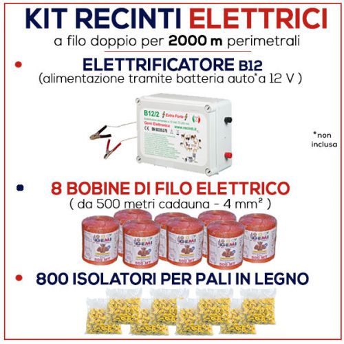 Electric fence complete kit for 2000 mt - energizer b/12 + wire + insulators for sale