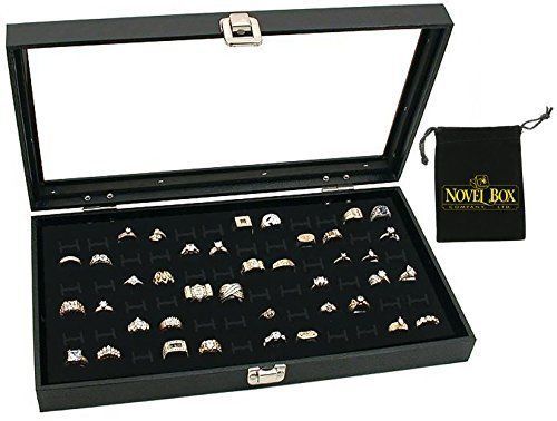 Novel Box® Glass Top Black Jewelry Display Case 72 Slot Compartment Ring Tray...