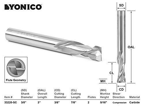 Yonico 33220-SC CNC Router Bit 2 Flute Compression Cut with 3/8&#034; Shank, 3/8&#034; x