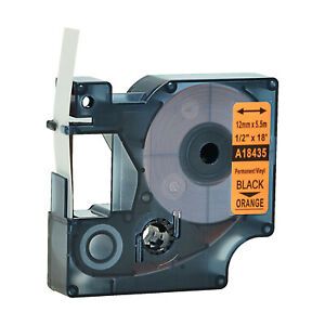 1PK 18435 Permanent Vinly Label Tape for Dymo Rhino 5000 Black on Orange 12mm
