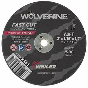 Weiler 56065 3&#034; x 1/16&#034; Wolverine Type 1 Cutting Wheel A36T 1/4&#034; A.H. Pack of...