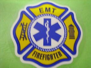FIREFIGHTER EMT W/ STAR OF LIFE CENTER  3M  3&#034; NAVY YELLOW INSIDE WINDOW