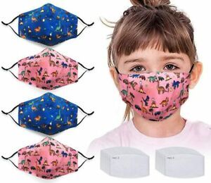 4 Children Dinosaur Face Protector Masks + 20 Activated Carbon Filters Washable