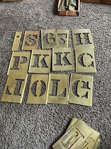Lot Of 74 2 1/2&#034; Brass Metal Interlocking Alphabet And Number Brass Stencils