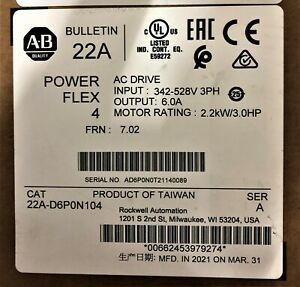 Allen Bradley 22A-D6P0N104 Series A PowerFlex 4 AC Drive 480VAC 3-P 3HP NEW