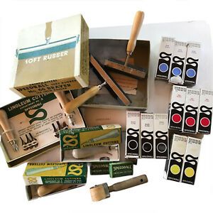 Vintage Screen Printing Supplies Kit Lot of Ink Linoleum Cutters Brayers Speedba