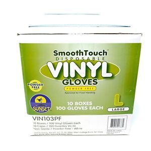 Disposable Vinyl Gloves Powder-Free SmoothTouch, 10 Boxes, 100/Box = 1000, Large