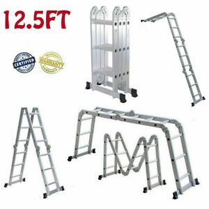 Aluminum Ladder Folding 12.5FT Step Scaffold Extendable Platform 330lbs Capacity