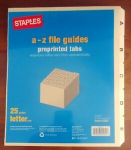 Staples A - Z File Guides Preprinted Tabs 25 ct. Letter Size Manilla NEW #118257