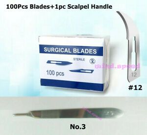 100pcs Sterile Surgical Scalpel Blades Knife #12 + Handle No 3 kit Dental Tool