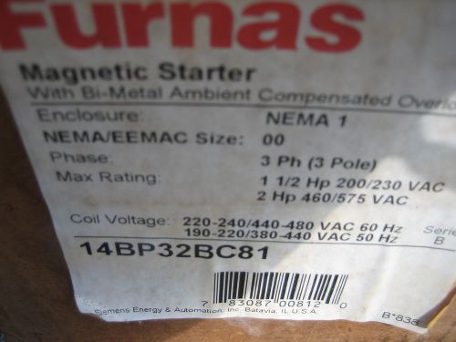 New Old Stock Furnas 14BP32BC81 Magnetic Starter 3 Phase 3 Pole with Overload