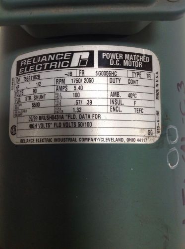Reliance 1/2hp 1750/2050rpm power matched dc motor t56s1102b / sg0056hc for sale