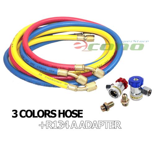 HVAC R12 R134A R22 CHARGING TESTING 3 COLOR HOSES W/ HIGH LOW QUICK ADAPTERS