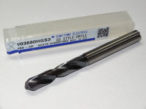 SUMITOMO .3680&#034; U 3XD Solid Carbide Oil Coolant-Thru Stub Length GS-Drill PVD