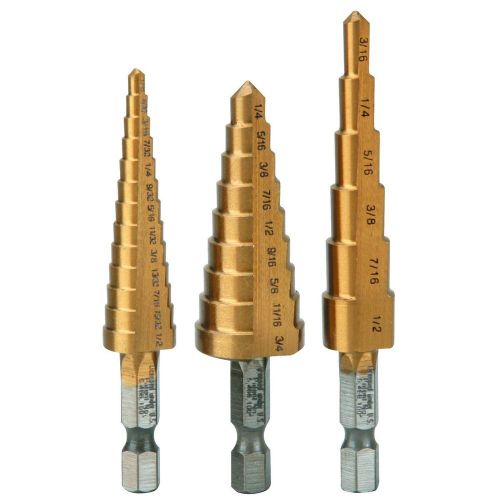3pc Titanium Coated Drop Forged High Speed Step Drill Bits With Pouch 1/4&#034; Shank