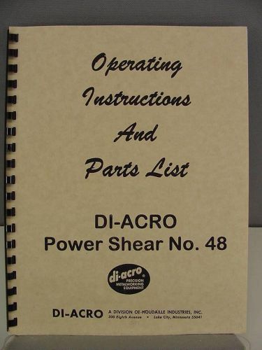 Di-acro no. 48 power shear instruction &amp; parts manual for sale