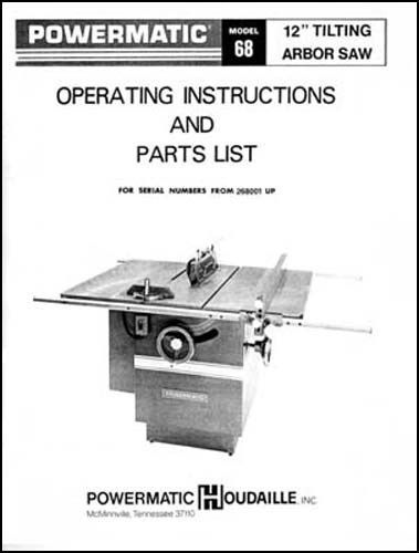 Powermatic Model 68 12 Inch Table Saw Manual