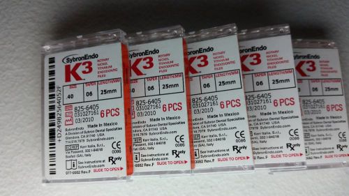 Lot of 5 six packs: SybronEndo K3 Rotary Files Length: 25mm Taper: 06 Size: .40