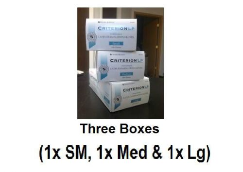 (lot of 3 boxes) latex exam gloves, powdered,1 sm,1 med &amp; 1 lg  (100 gloves/box) for sale