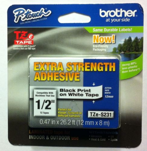 Brother P-Touch TZe-S231 1/2 Black On White Extra Strength  Label Tape TZES231CS