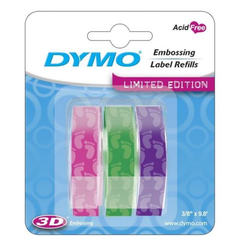 3PK Dymo 3/8&#034; (9mm) Label Maker Embossing Refill Tape 1741673 (P/G/P Baby Feet)