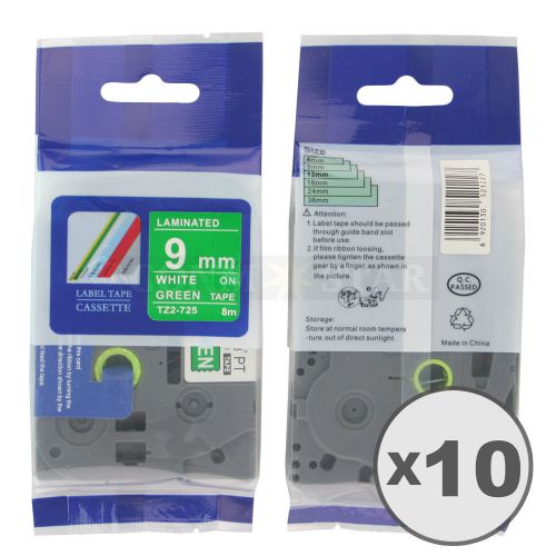 10pk White on Green Tape Label Compatible for Brother PTouch TZ 725 TZe 725 9mm