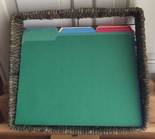 Wicker &amp; Wire Letter File Basket organizer w/12 colored folders 1/3 cut