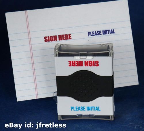 Accustamp blue red sign here &amp; please initial pre-inked self-inking rubber stamp for sale