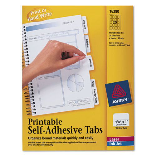 Avery  Printable Repositionable Plastic Tabs, 1 1/4 in, White, 2 Packs of 96