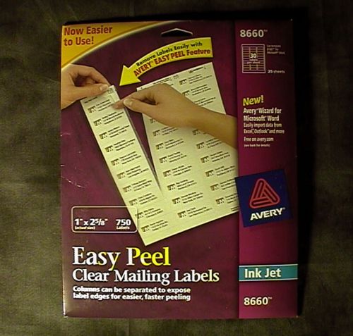 Avery Easy Peel Clear Inkjet Address Labels 1&#034; x 2 5/8&#034; 750 8660 25 SHEETS