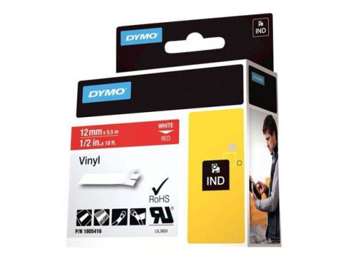 Dymo rhino - permanent adhesive vinyl tape - white on red - roll (0.5 in 1805416 for sale
