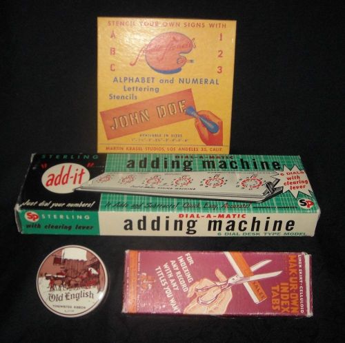 4pc. lot vintage office supplies, type ribbon/stencils/add mach/labels for sale