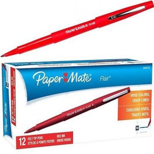 Paper Mate Flair Felt Tip Pen, Red Ink, Medium Point, 8420152, Box of 12