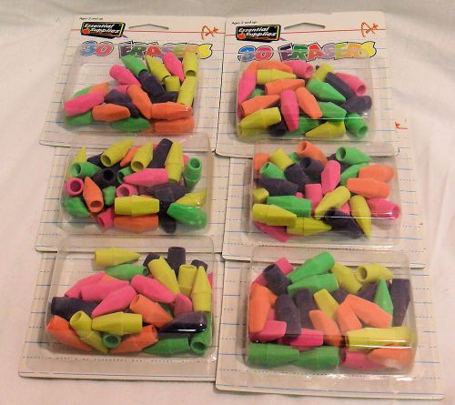 PENCIL TOP ERASERS WEDGE ARROWHEAD ASSORTED COLORS 6 PKS X30= 180 ERASERS NEW