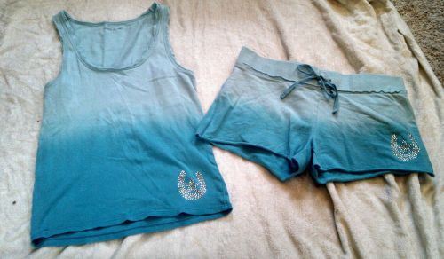 Bebe Sport Aqua Ombre Tank Top &amp; SEXY BOOTY Shorts ~Outfit M/L Rhinestones shirt