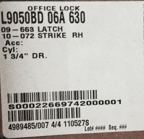 BRAND NEW Schlage L9050BD-06A 630 Office Lock (Right Hand)
