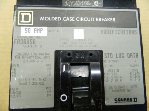 Square d line molded case circuit breaker 50amp fa36050 for sale