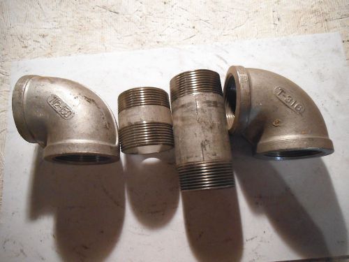 LOT OF (4) STAINLESS STEEL T-316 PIPE / FITTINGS 1-1/2&#034;, 90 DEGREE ELBOW