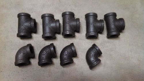 1/2 in Pipe Fittings, Lot of 5 Tees and 4 90 Elbows, Black Malleable Iron