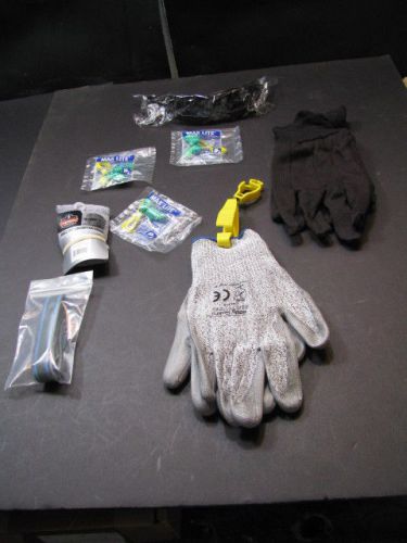 9 pc lot chin strap, sweat band, work gloves, glove clip, shade sunglass`s for sale