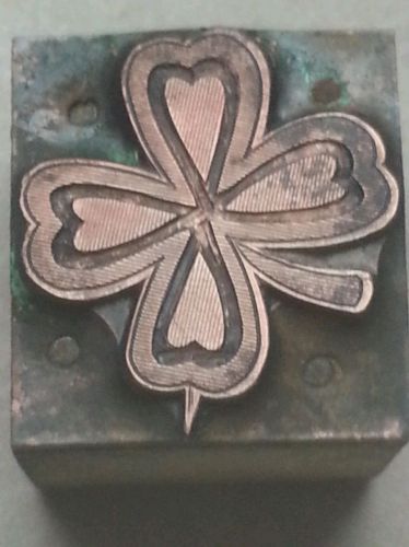 Vintage Printing Block letterpress 4 four leaf clover   copper lucky shamrock