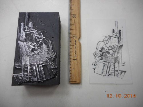 Letterpress Printing Printers Block, Seated Artist painting Canvas on Easel