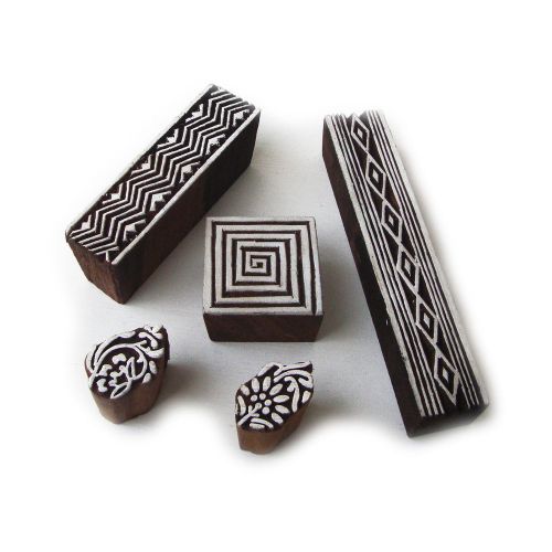 Hand crafted geometric &amp; spiral designs wooden printing blocks (set of 5) for sale