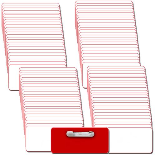 100 BLANK 1 1/2 X 3 WHITE / RED NAME BADGES TAGS 1/8&#034; CORNERS &amp; SAFETY PIN BACKS