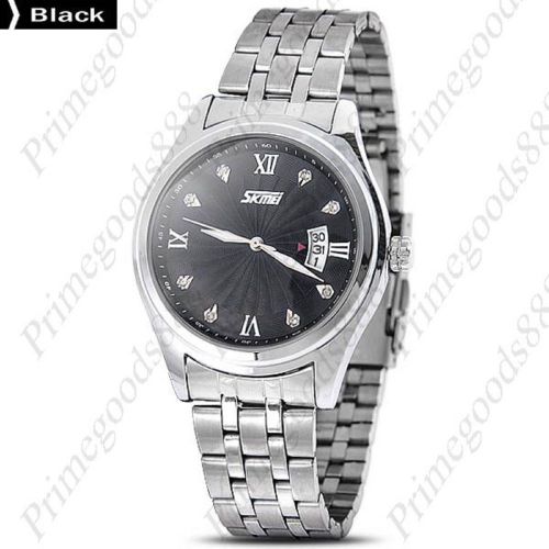 Silver Round Quartz Analog Stainless Steel Date Wrist Men&#039;s Wristwatch Black