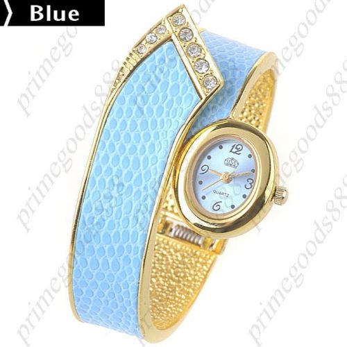 Gold Golden Alloy Synthetic Leather Wrist Quartz Wristwatch Women&#039;s Blue