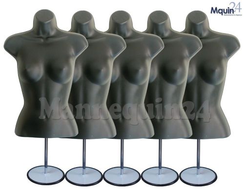 5 BLACK FEMALE Mannequin Forms w/5 Metal Stands +5 Hanging Hooks WOMAN Torso P76